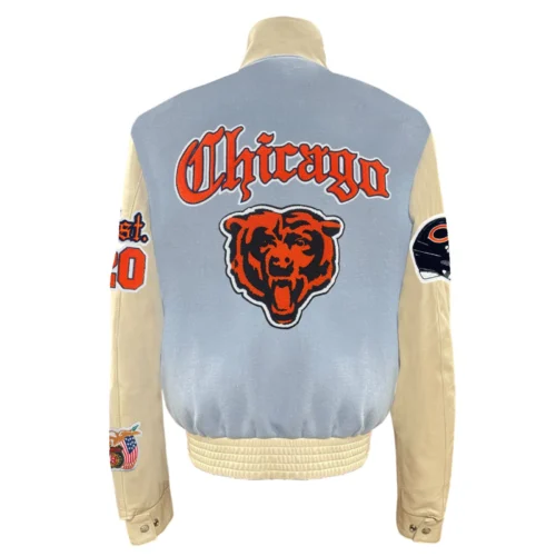 Alternative view of Chicago Bears Old English Wool & Leather Blue/Cream Varsity Jacket