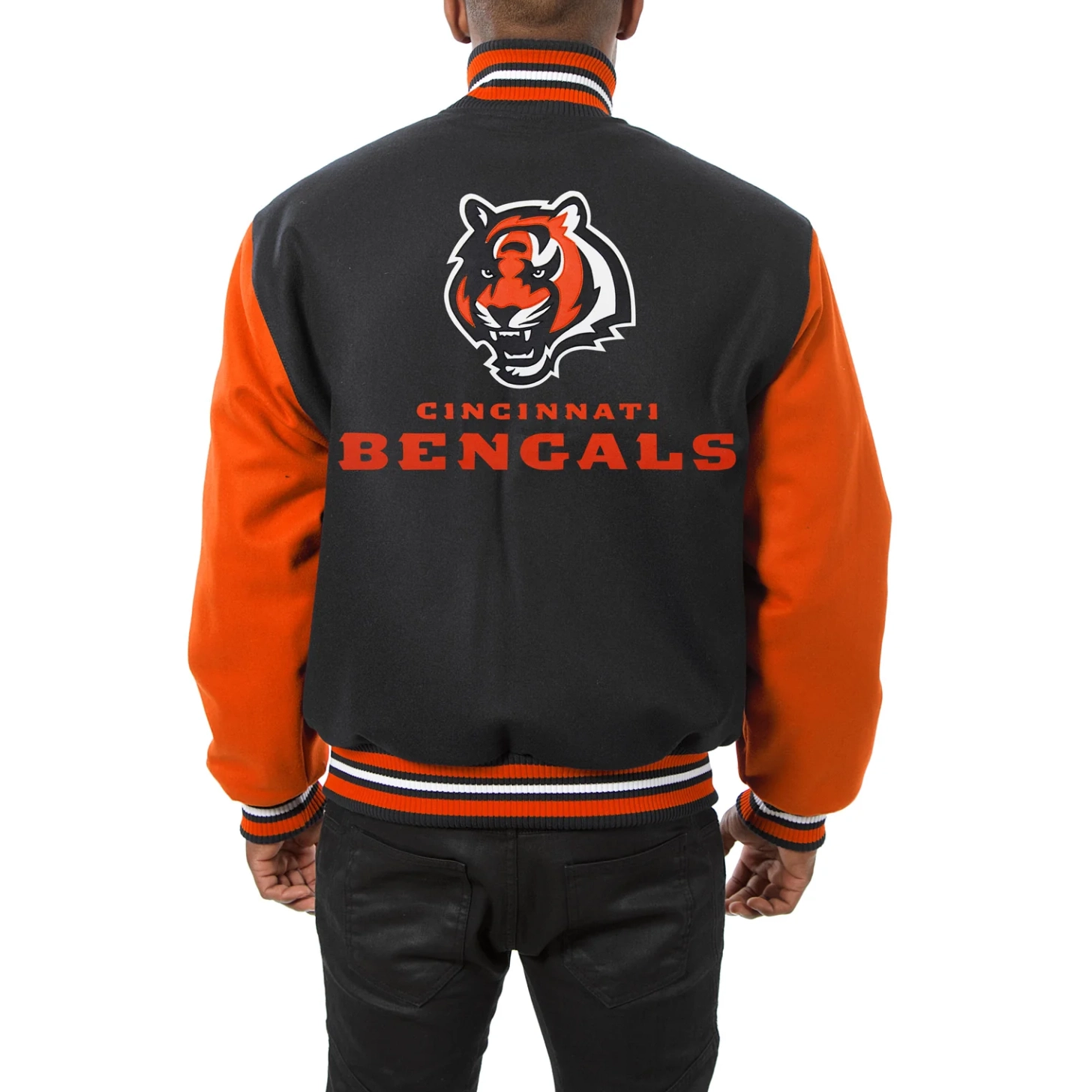 Cincinnati Bengals Handmade Two Tone Black/Orange Wool Varsity Jacket - Image 2
