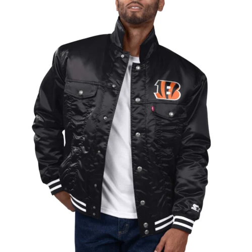 Cincinnati Bengals Silver Tab Satin Trucker Varsity Black Jacket