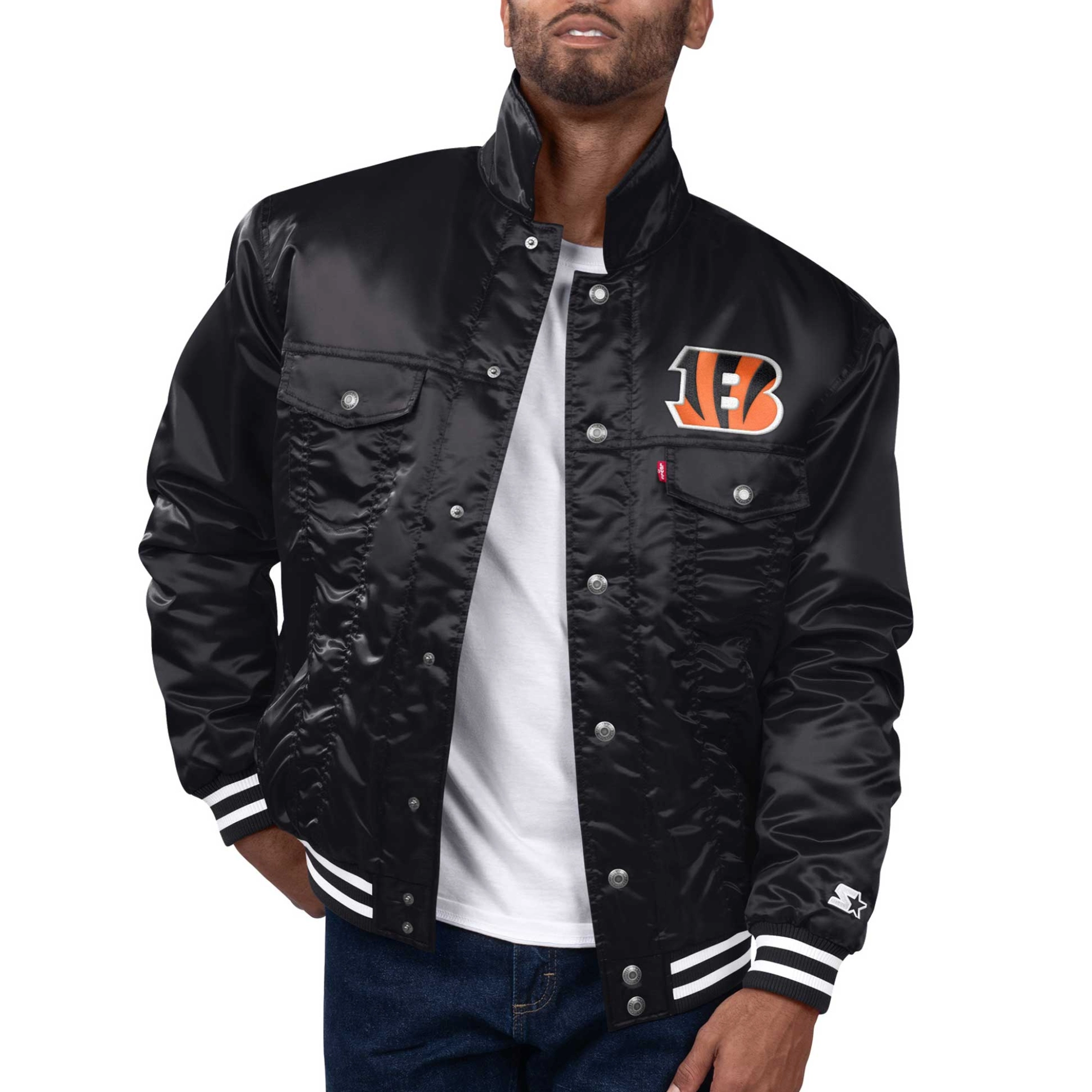 Cincinnati Bengals Silver Tab Satin Trucker Varsity Black Jacket