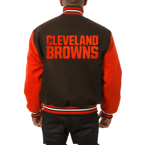 Alternative view of Cleveland Browns Handmade Two Tone Brown/Orange Wool Varsity Jacket