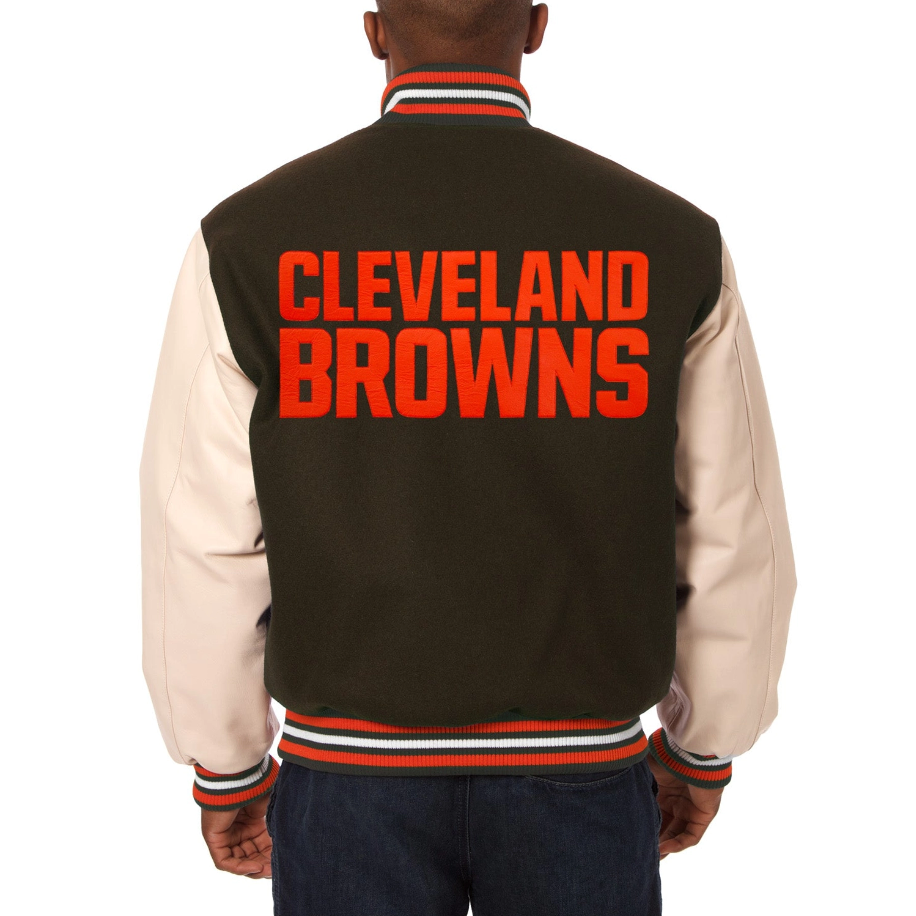 Cleveland Browns Two Tone Handmade Wool & Leather Brown/Cream Varsity Jacket - Image 2