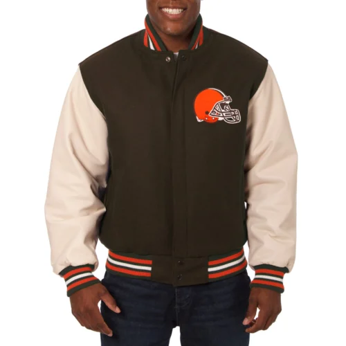 Cleveland Browns Two Tone Handmade Wool & Leather Brown/Cream Varsity Jacket