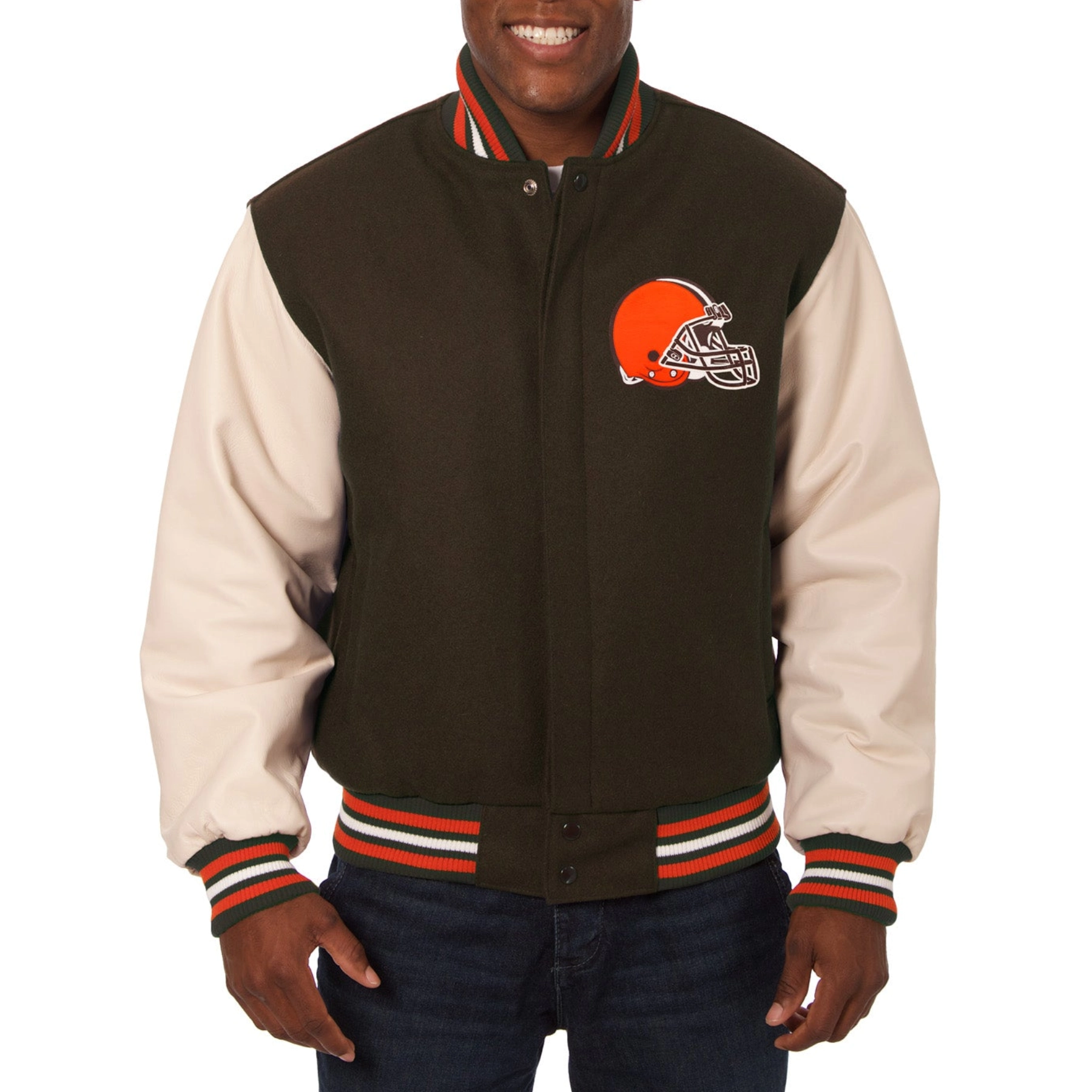 Cleveland Browns Two Tone Handmade Wool & Leather Brown/Cream Varsity Jacket