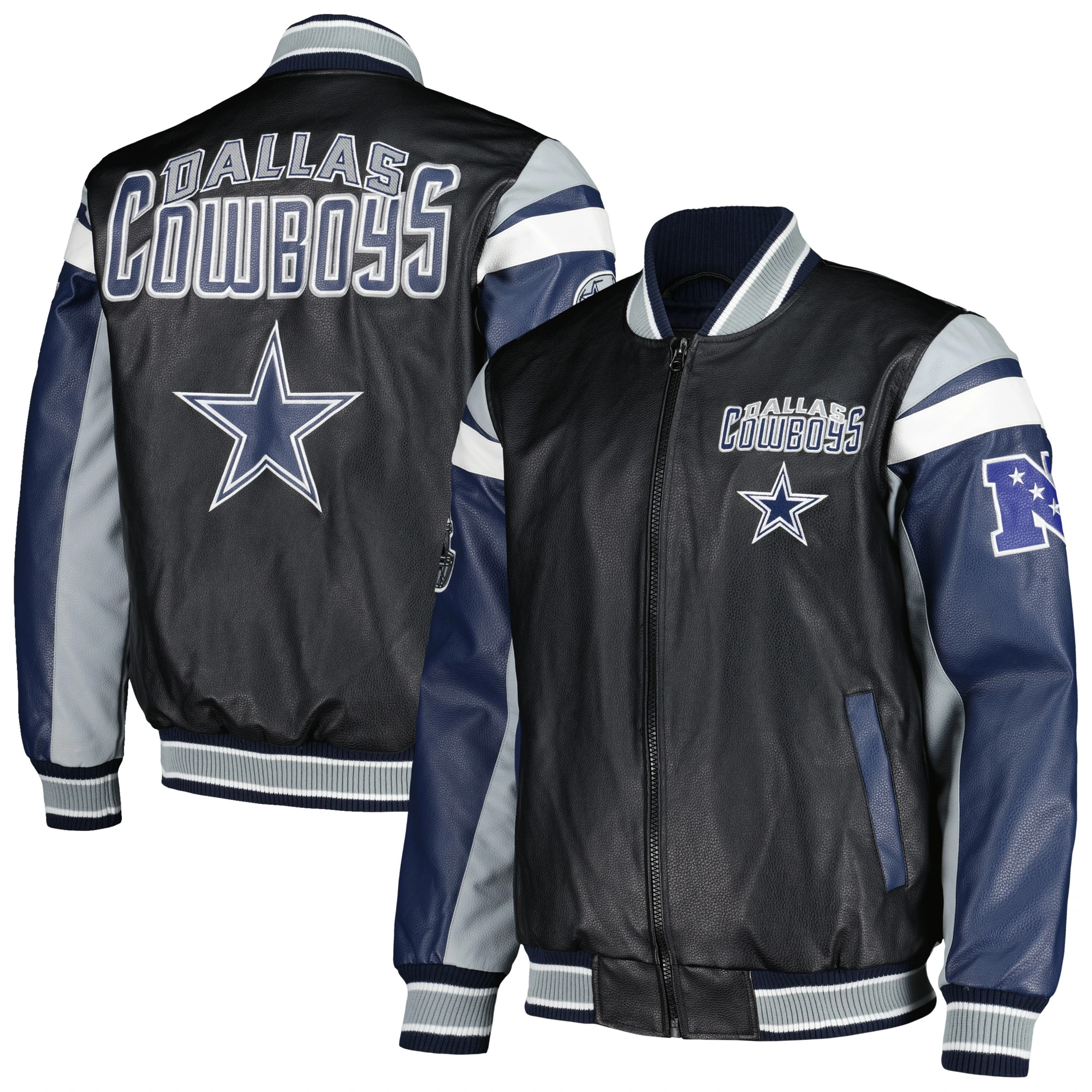 Dallas Cowboys Full-Zip Leather Black/Navy Varsity Jacket - Image 3