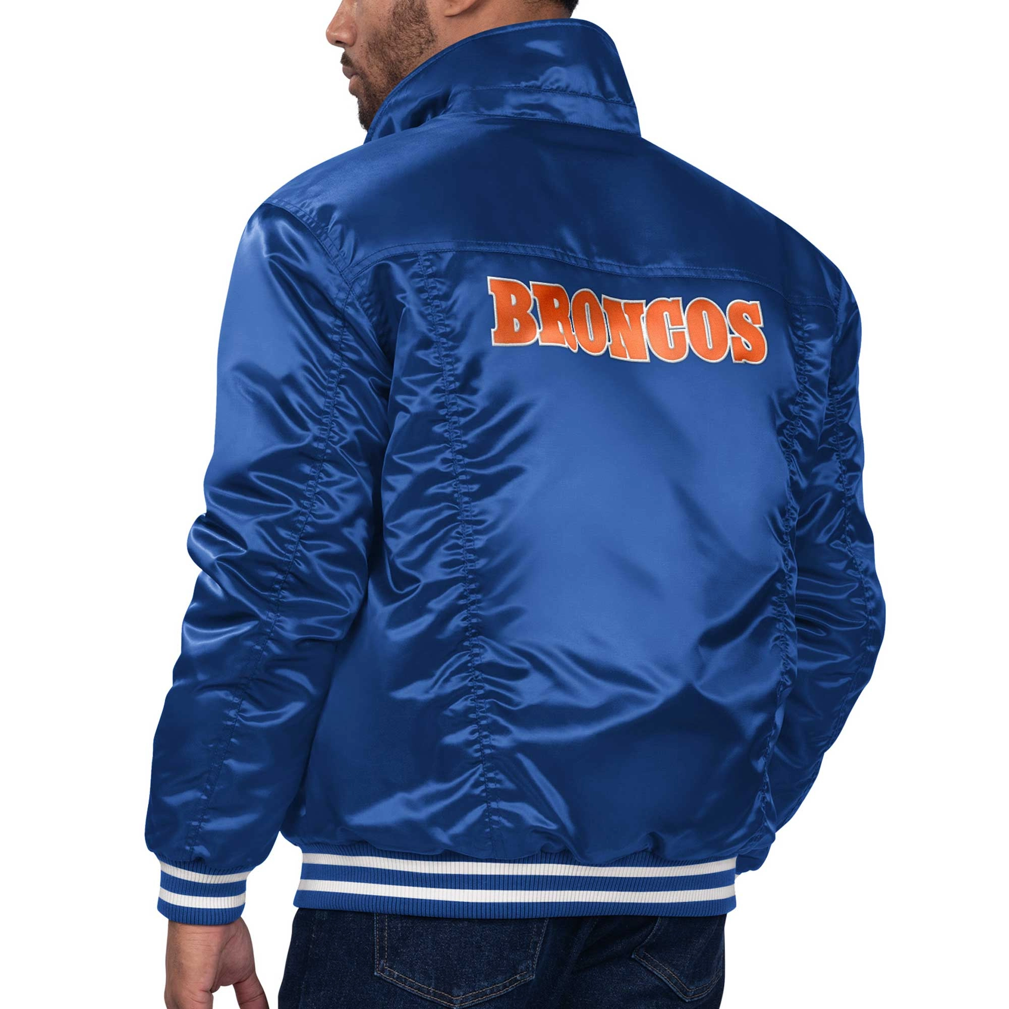 Denver Broncos Silver Tab Trucker Varsity Blue Satin Jacket - Image 2