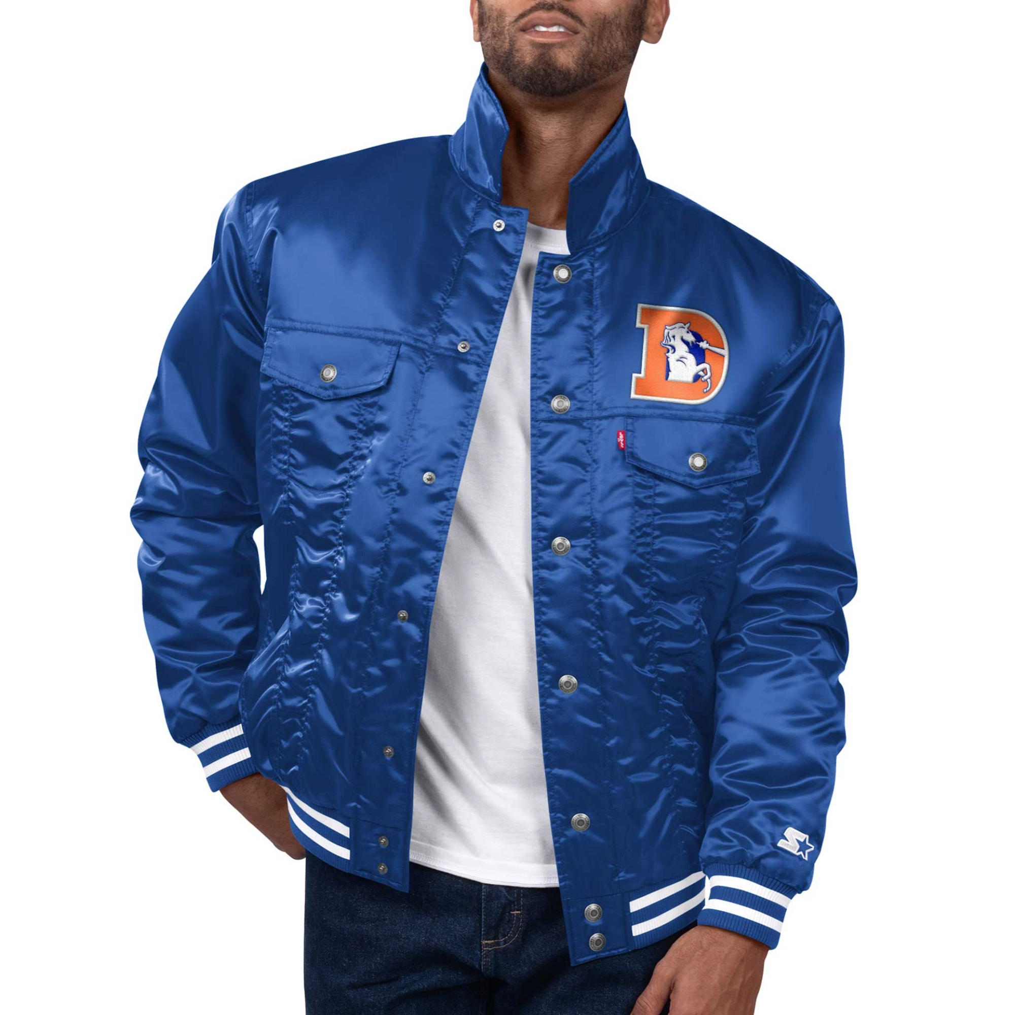 Denver Broncos Silver Tab Trucker Varsity Blue Satin Jacket