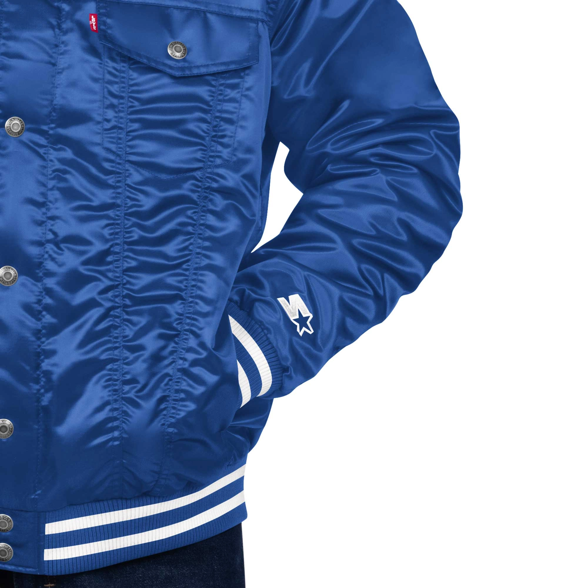 Denver Broncos Silver Tab Trucker Varsity Blue Satin Jacket - Image 3