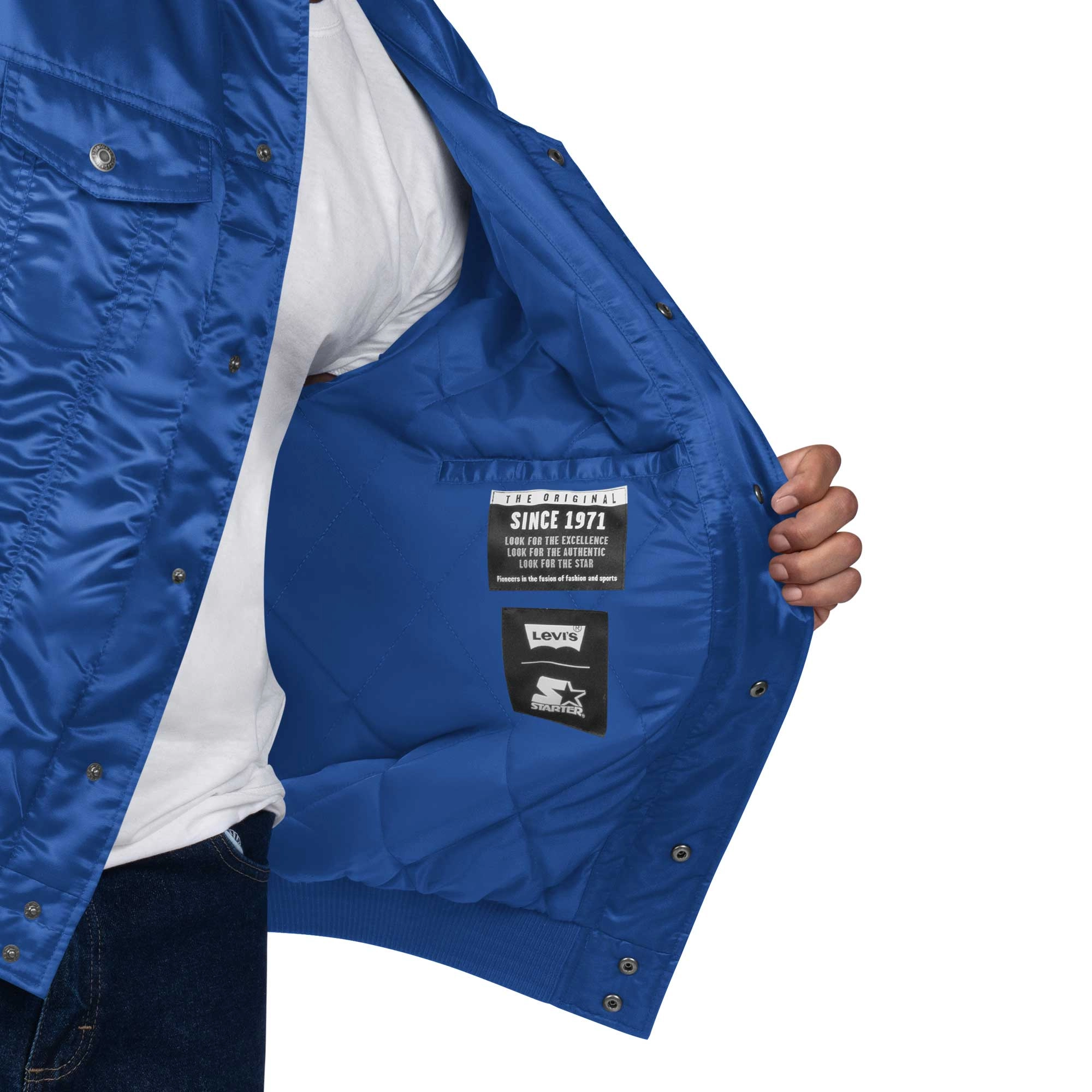 Denver Broncos Silver Tab Trucker Varsity Blue Satin Jacket - Image 4