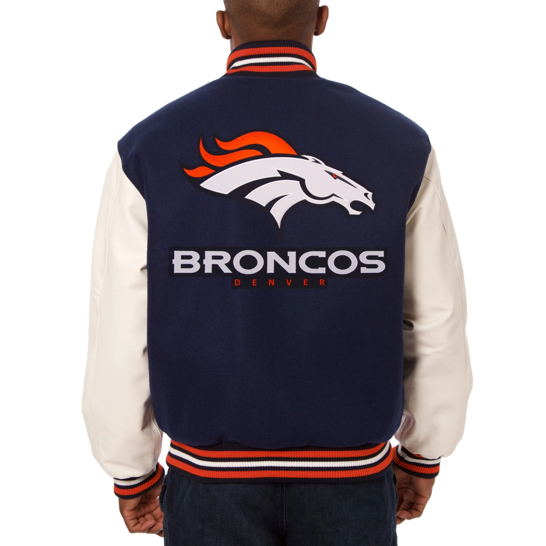 Denver Broncos Two Tone Real Wool & Leather Varsity Navy/White Jacket - Image 2