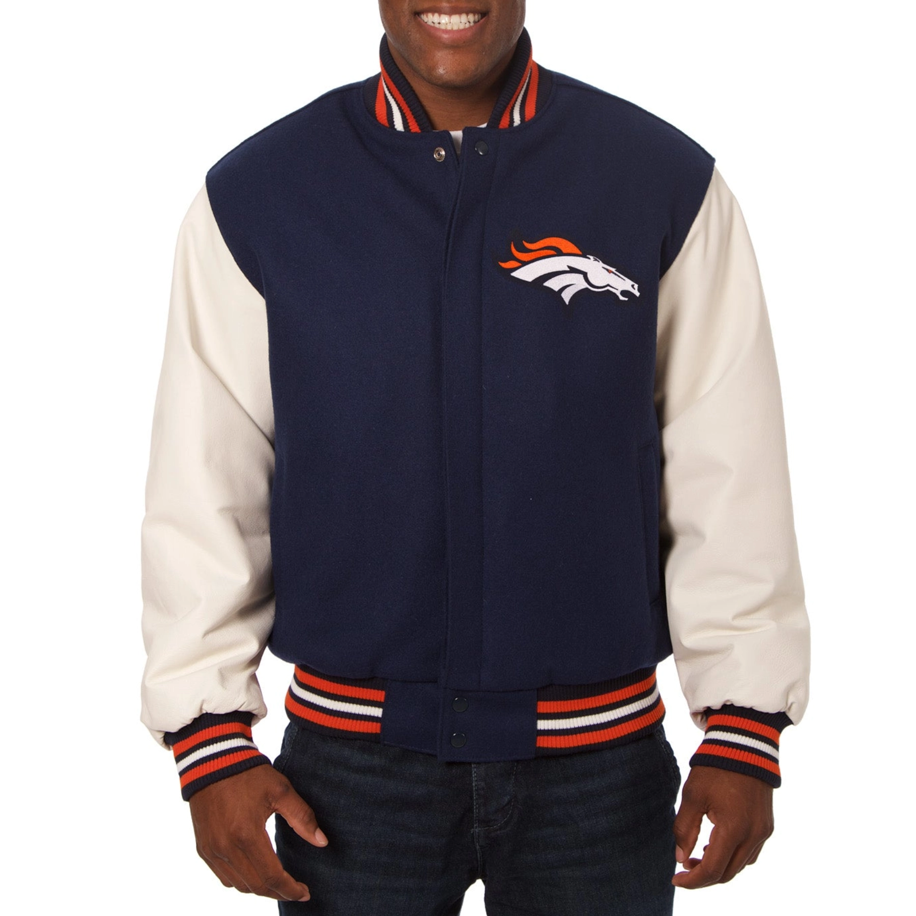 Denver Broncos Two Tone Real Wool & Leather Varsity Navy/White Jacket