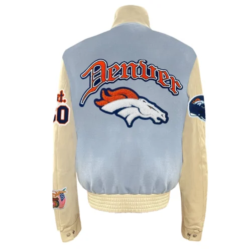 Alternative view of Denver Broncos Wool & Leather Old English Blue/Cream Varsity Jacket