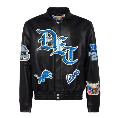 Detroit Lions Full Real Leather Old English Black Jacket