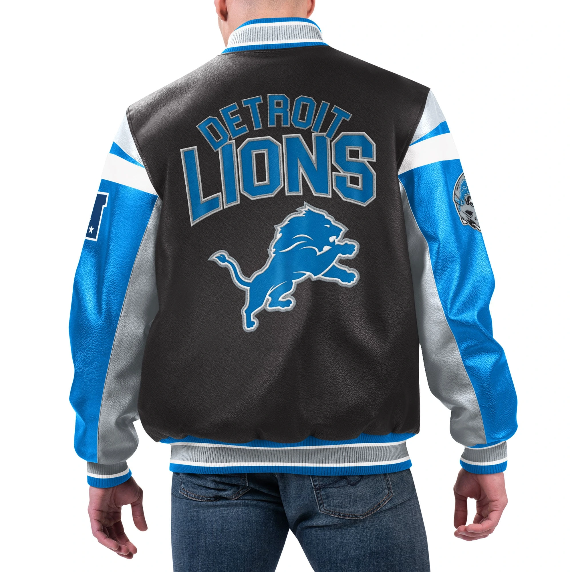 Detroit Lions Full-Zip Leather Black Varsity Jacket - Image 2