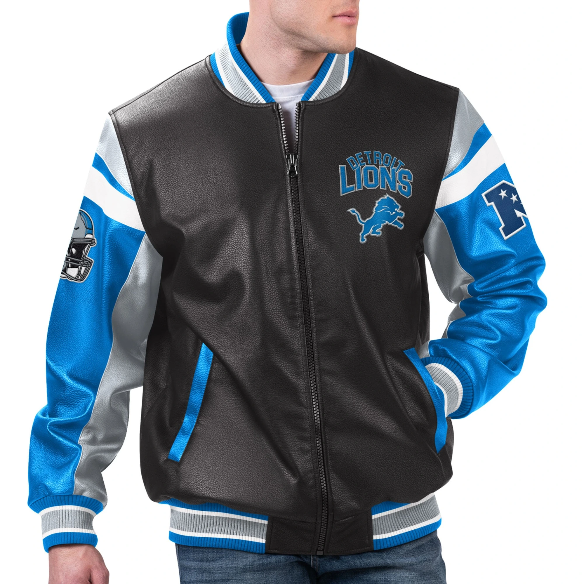 Detroit Lions Full-Zip Leather Black Varsity Jacket