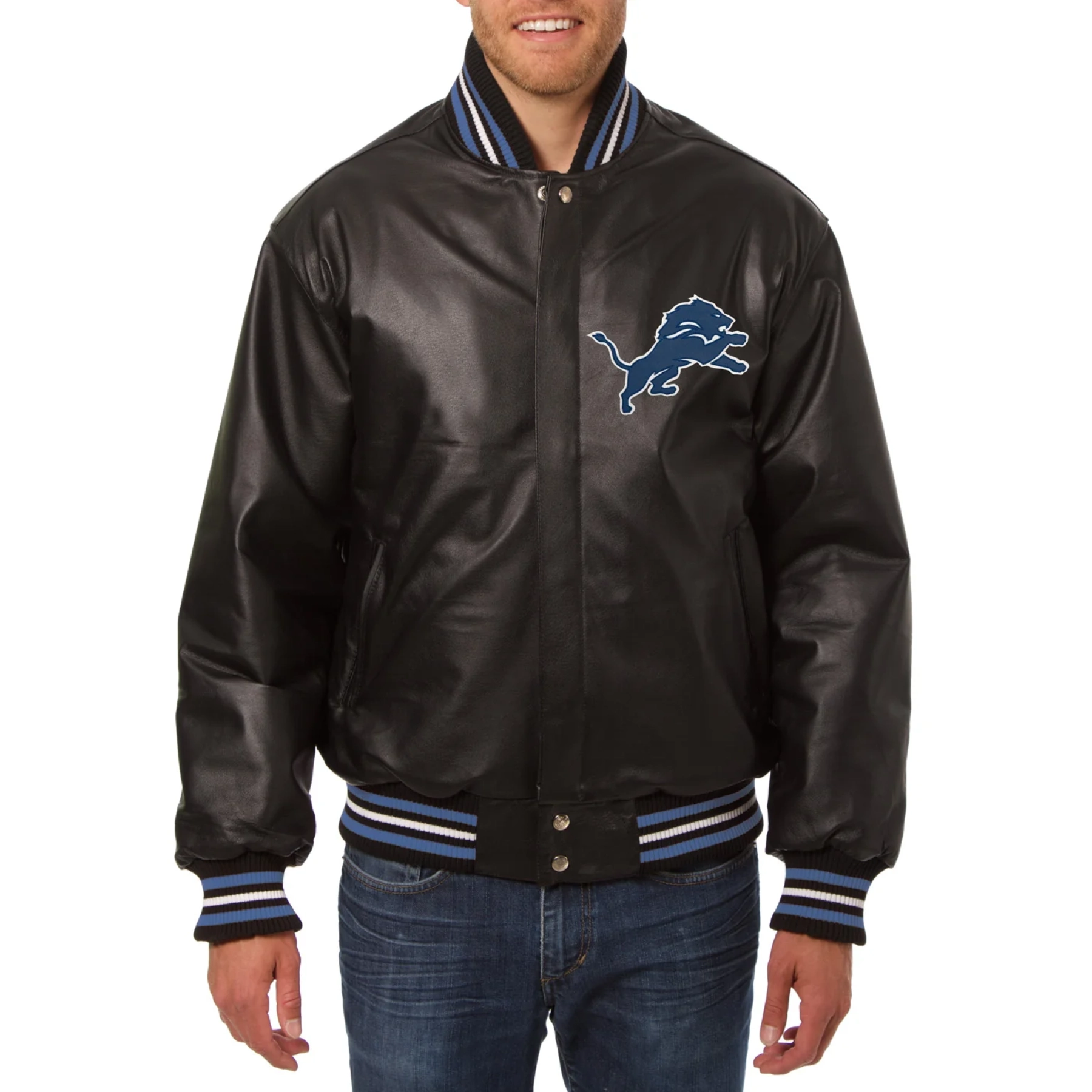 Detroit Lions Poly Twill Full Leather Varsity Black Jacket