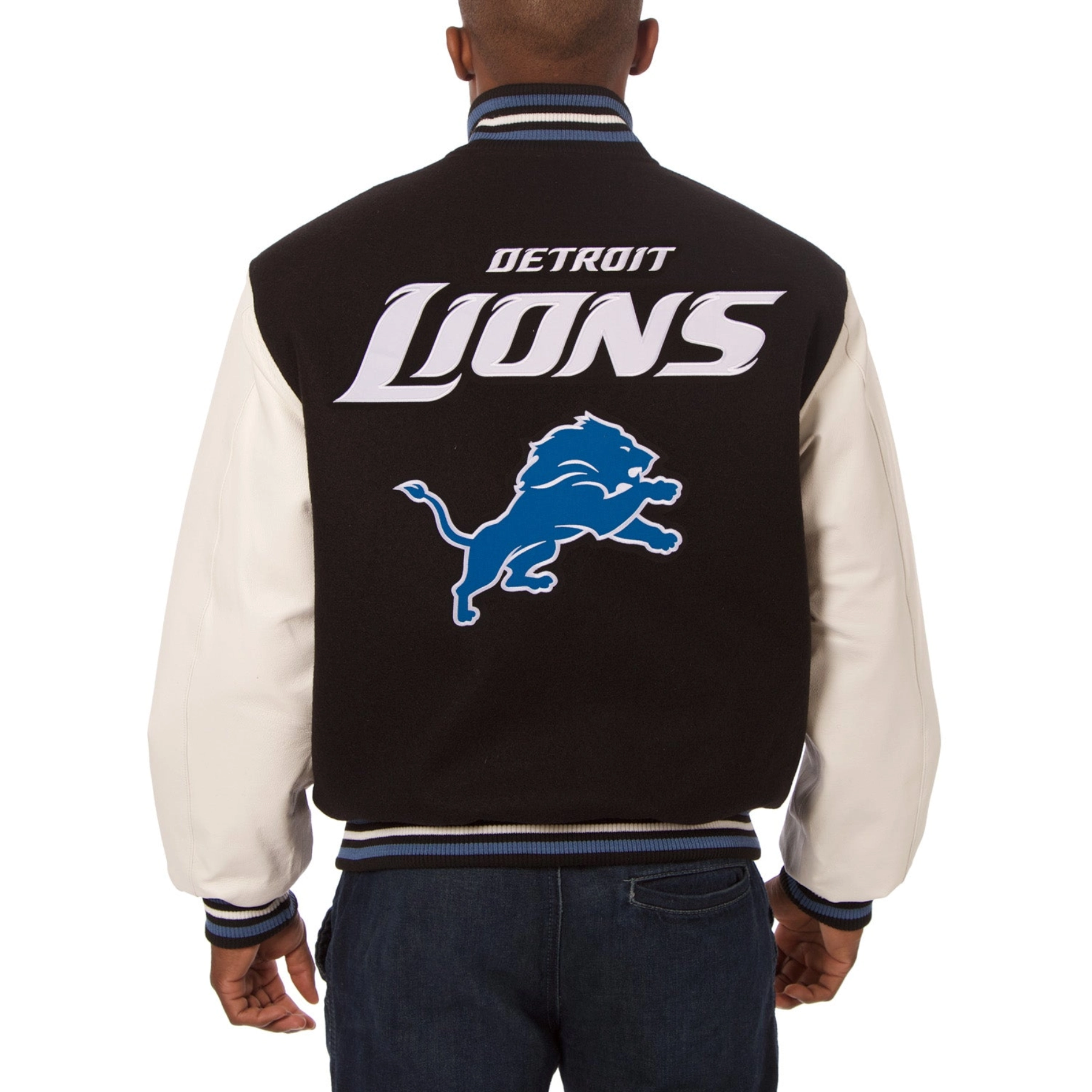 Detroit Lions Two Tone Wool & Leather Black/White Varsity Jacket - Image 2