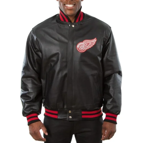 Detroit Red Wings Black Full Leather Varsity Jacket