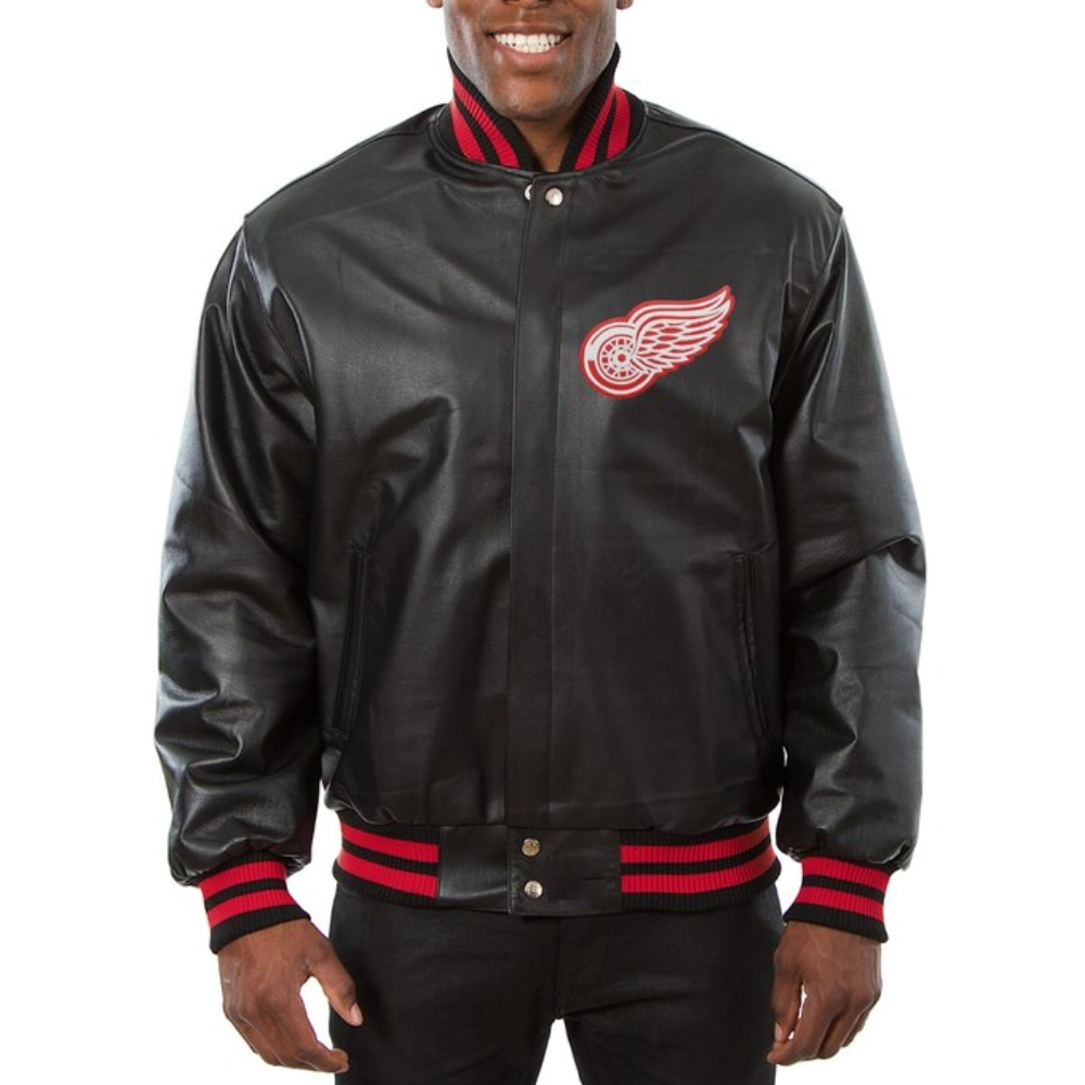 Detroit Red Wings Black Full Leather Varsity Jacket
