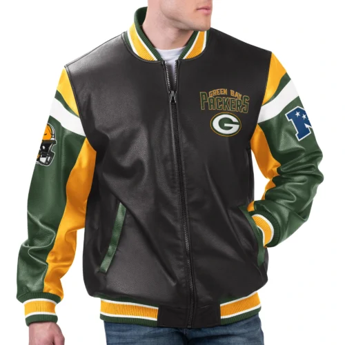 Green Bay Packers G-III Full-Zip Leather Black Varsity Jacket