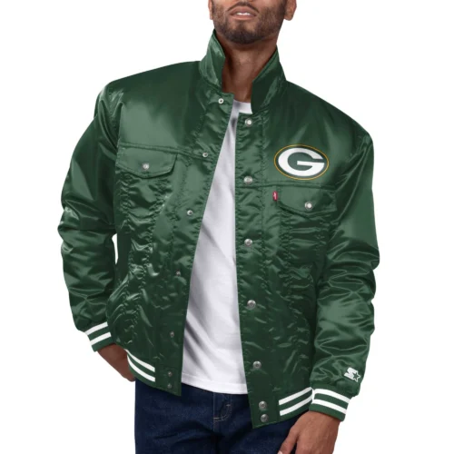 Green Bay Packers Silver Tab Trucker Satin Green Varsity Jacket