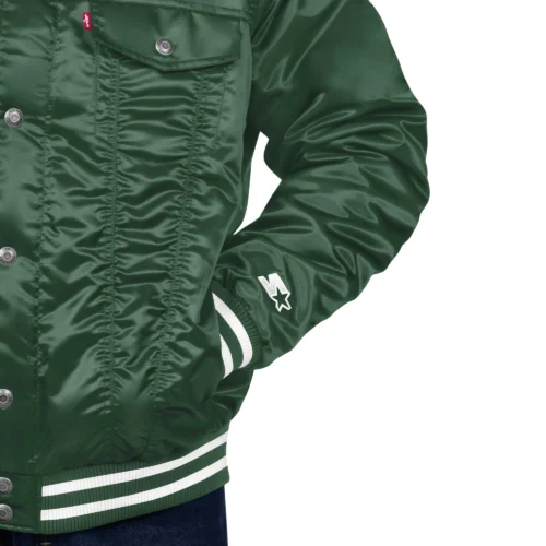 Green Bay Packers Silver Tab Trucker Satin Green Varsity Jacket - Image 3