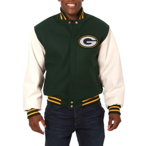 Green Bay Packers Two Tone Wool & Leather Green/White Varsity Jacket