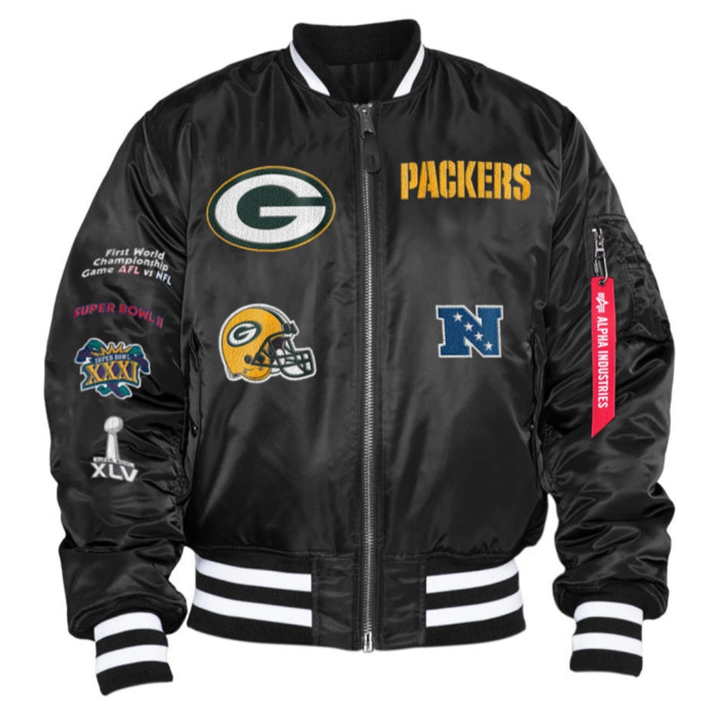 Green Bay Packers Ma-1 Black Bomber Varsity Jacket