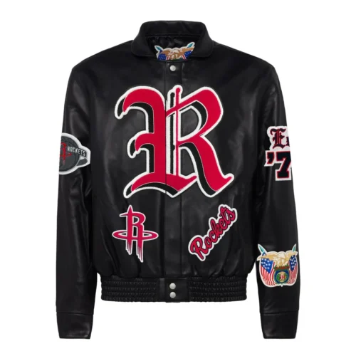 Houston Rockets Full Leather Puffer Old English Jacket - Black