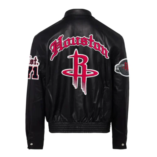 Alternative view of Houston Rockets Full Leather Puffer Old English Jacket - Black