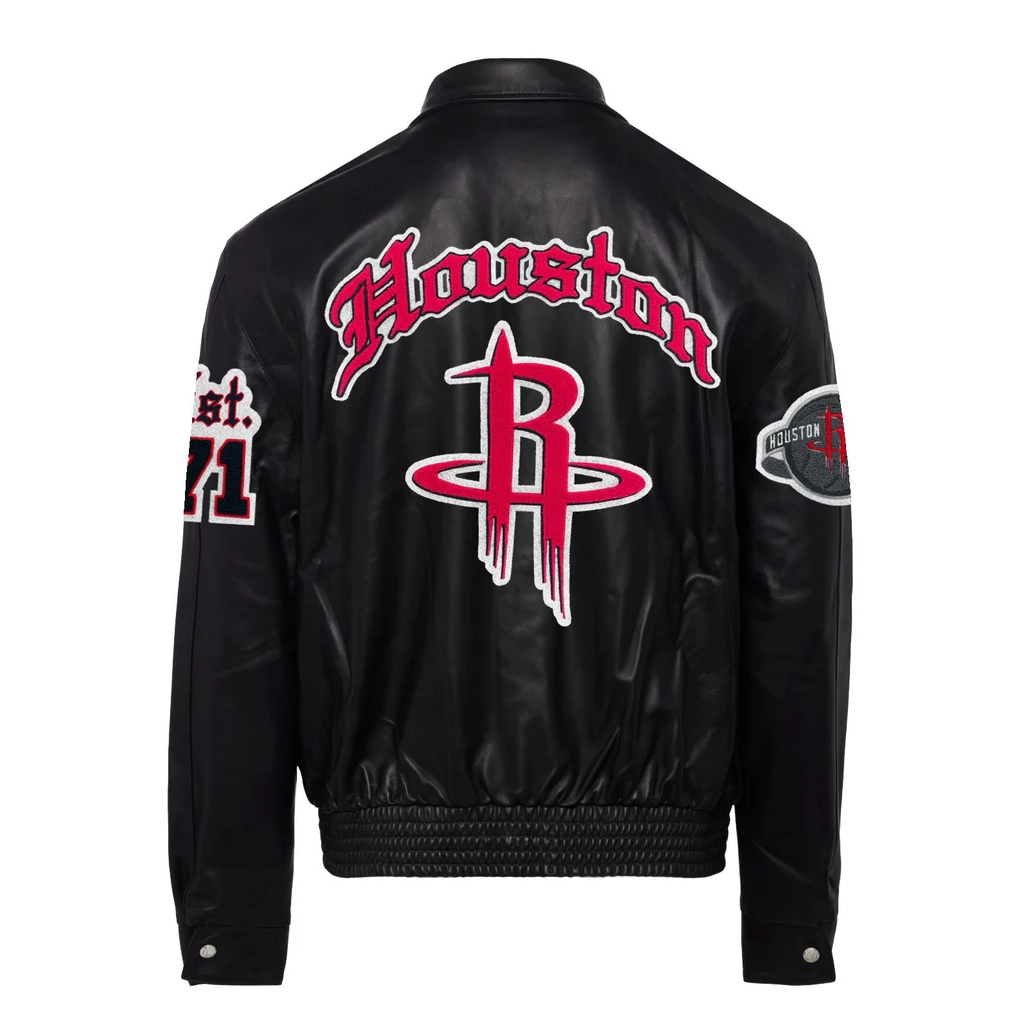 Houston Rockets Full Leather Puffer Old English Jacket - Black - Image 2
