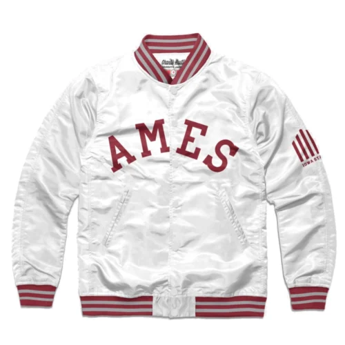Iowa State Cyclones AMES Arch Bomber Varsity Satin Bomber Varsity Jacket - White