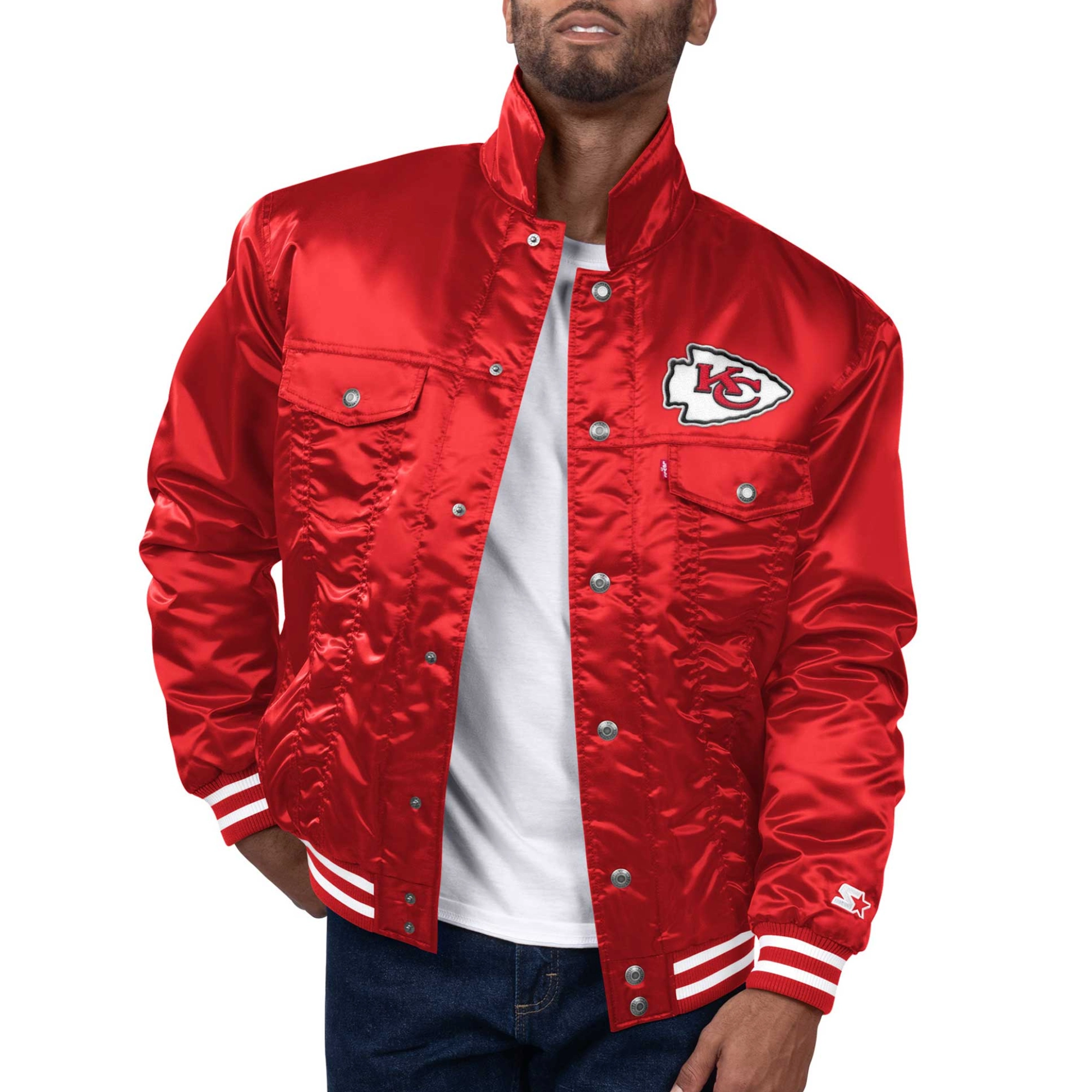 Kansas City Chiefs Silver Tab Trucker Varsity Red Satin Jacket