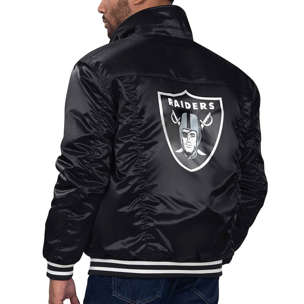 Las Vegas Raiders Silver Tab Varsity Trucker Black Satin Jacket - Image 2