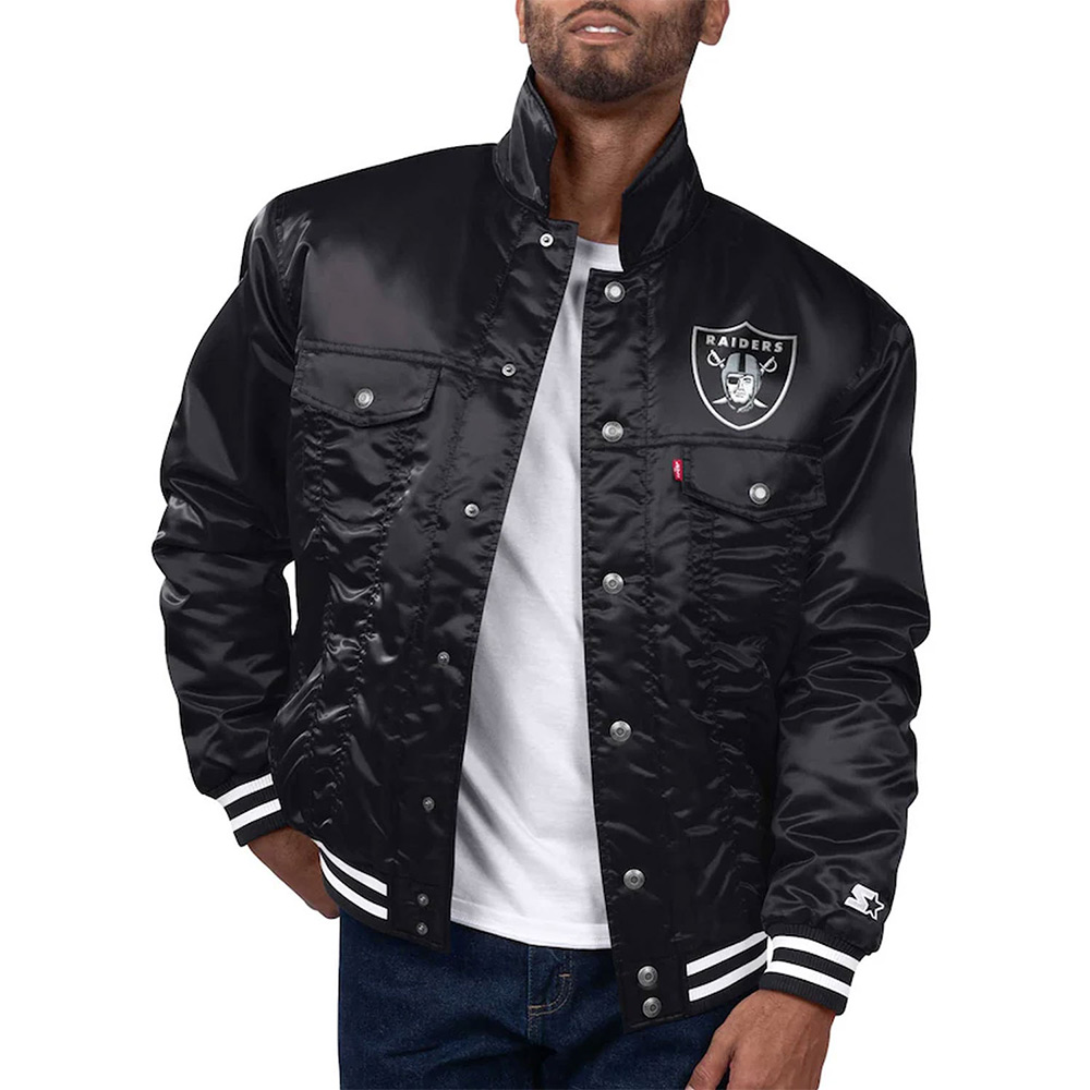 Las Vegas Raiders Silver Tab Varsity Trucker Black Satin Jacket