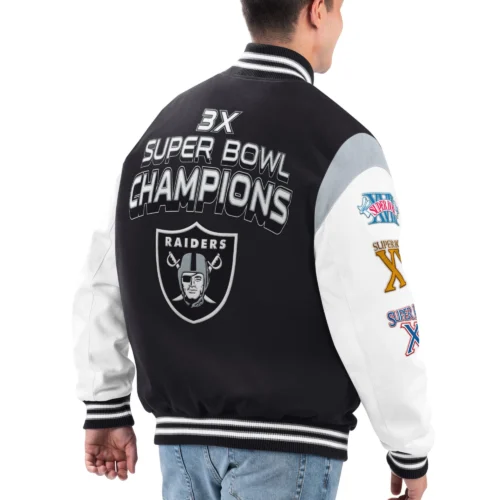 Alternative view of Las Vegas Raiders Strike Zone Full-Snap Black/White Wool & Leather Varsity Jacket