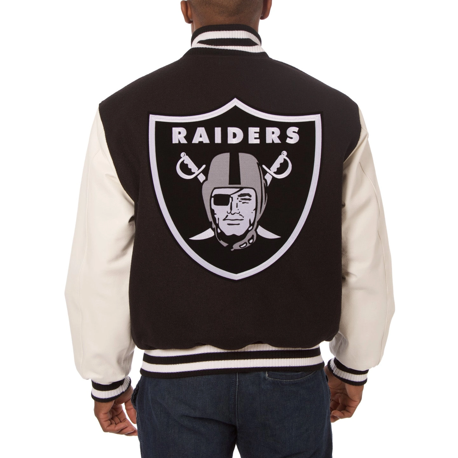 Las Vegas Raiders Two Tone Black/White Wool & Leather Varsity Jacket - Image 2