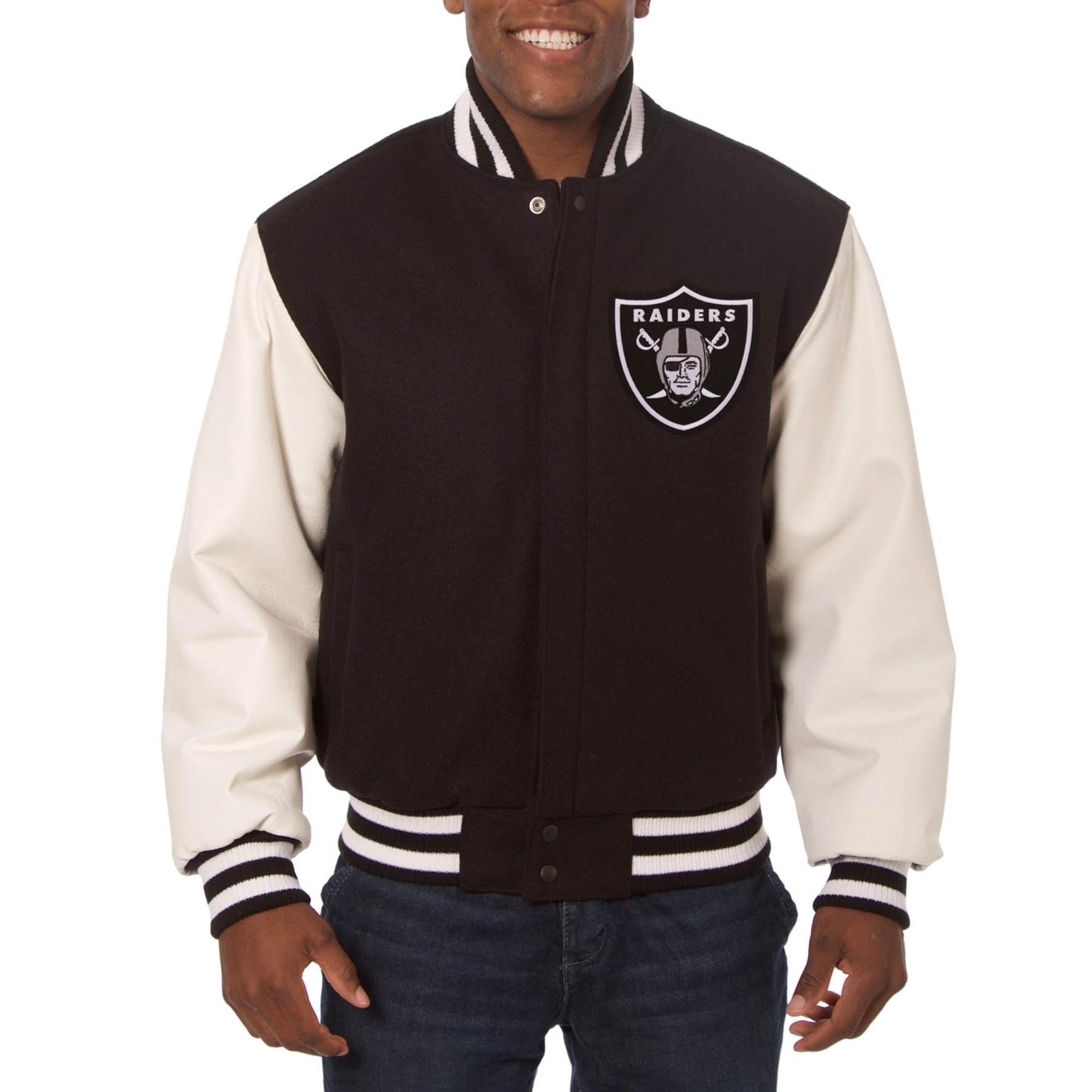 Las Vegas Raiders Two Tone Black/White Wool & Leather Varsity Jacket