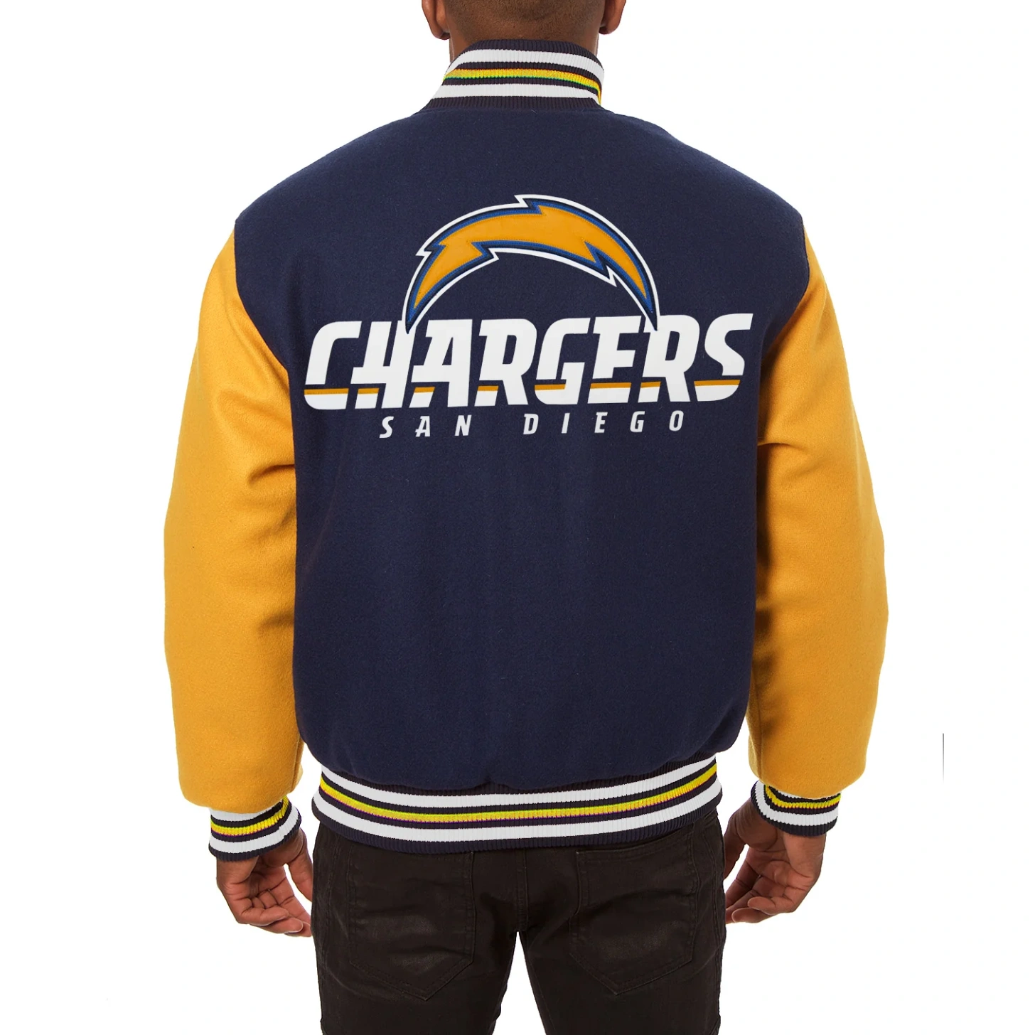 Los Angeles Chargers Two Tone Navy/Yellow Wool Varsity Jacket - Image 2