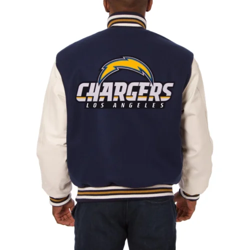 Alternative view of Los Angeles Chargers Two Tone Real Navy/White Wool & Leather Varsity Jacket