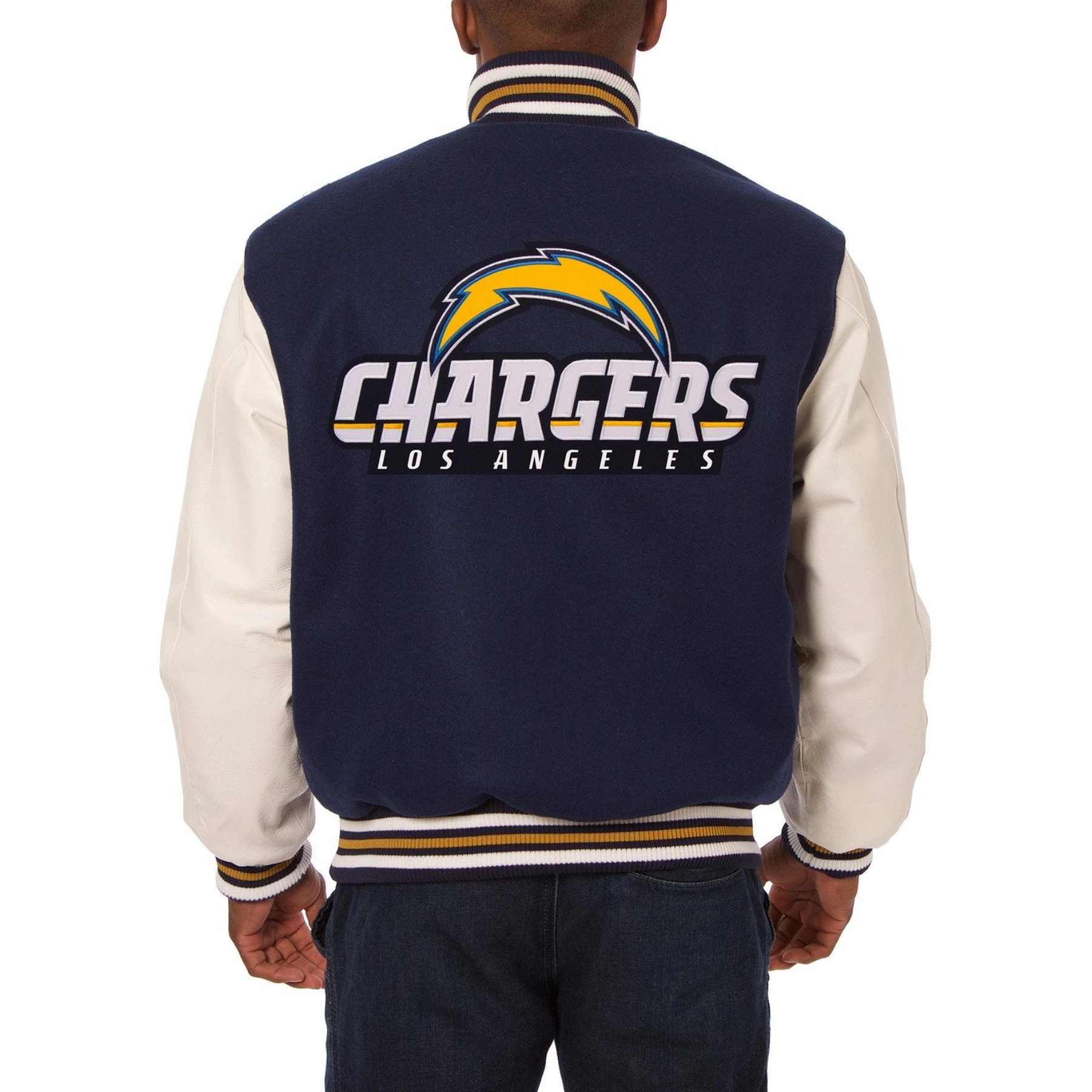Los Angeles Chargers Two Tone Real Navy/White Wool & Leather Varsity Jacket - Image 2