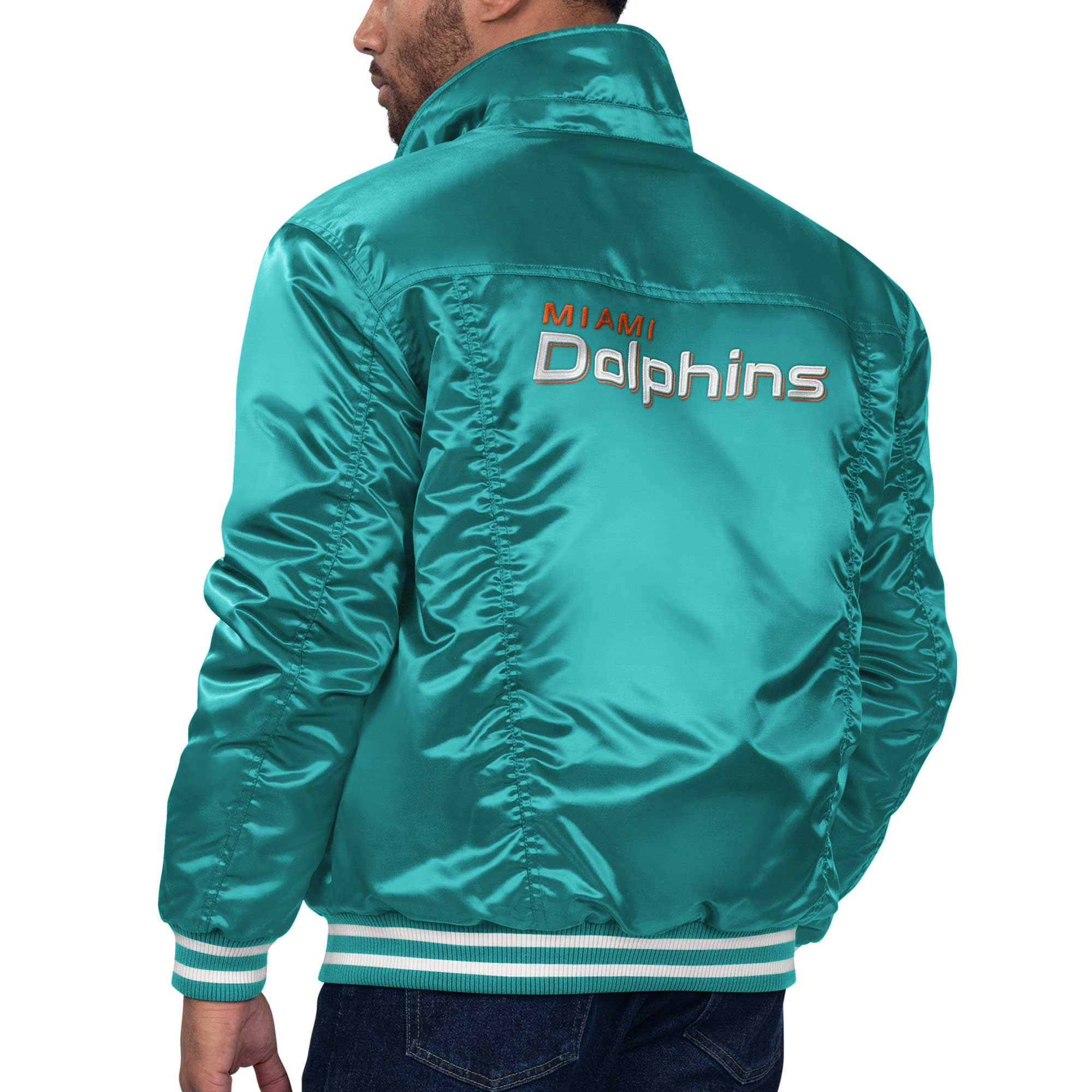 Miami Dolphins Silver Tab Aqua Satin Trucker Varsity Jacket - Image 2