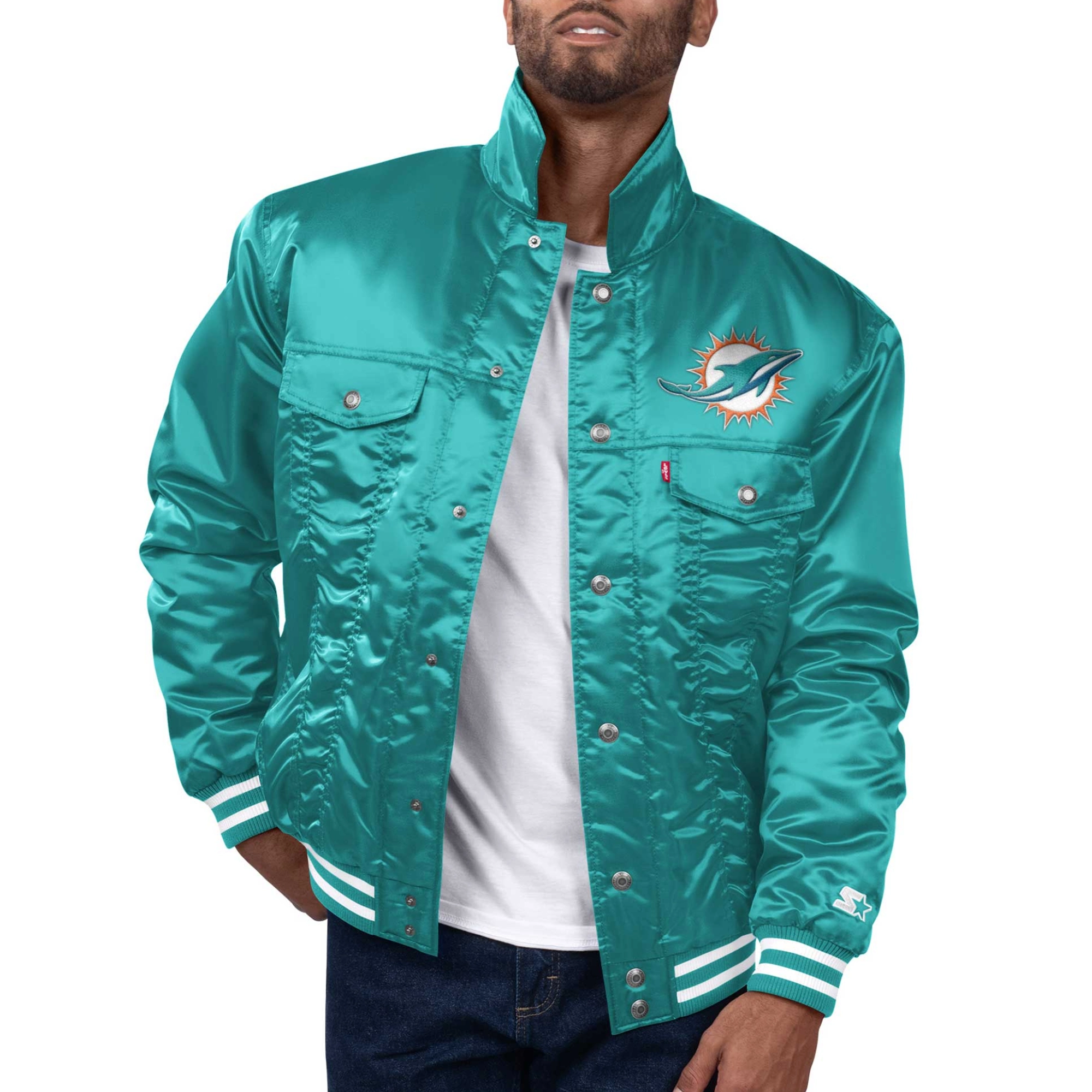 Miami Dolphins Silver Tab Aqua Satin Trucker Varsity Jacket