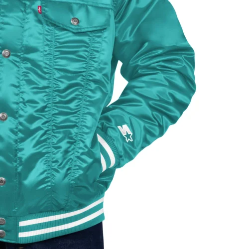 Miami Dolphins Silver Tab Aqua Satin Trucker Varsity Jacket - Image 3