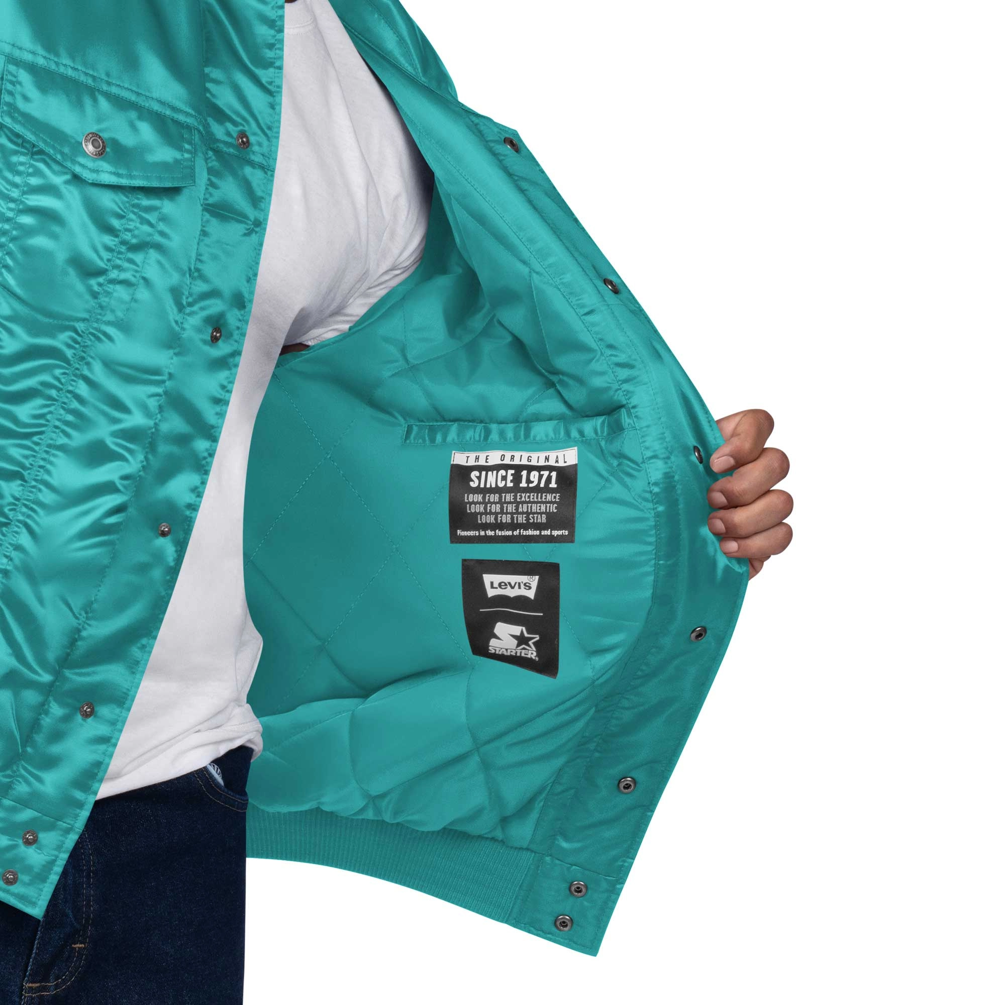 Miami Dolphins Silver Tab Aqua Satin Trucker Varsity Jacket - Image 4