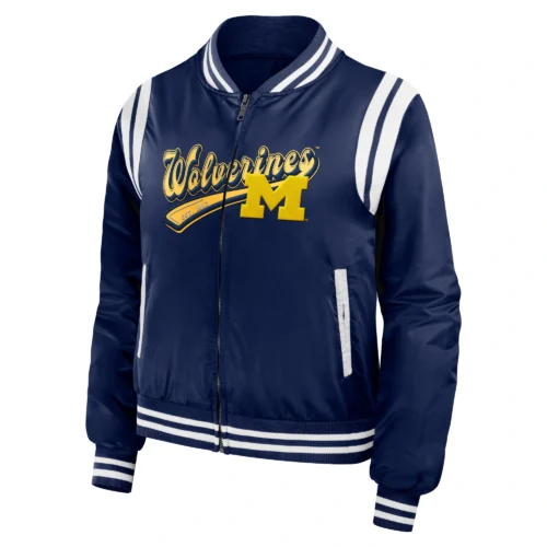 Michigan Wolverines Women's Full-Zip Bomber Varsity Jacket - Navy