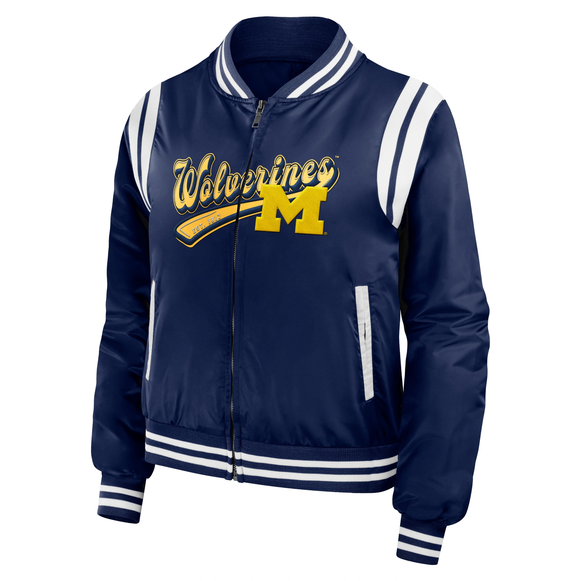 Michigan Wolverines Women's Full-Zip Bomber Varsity Jacket - Navy
