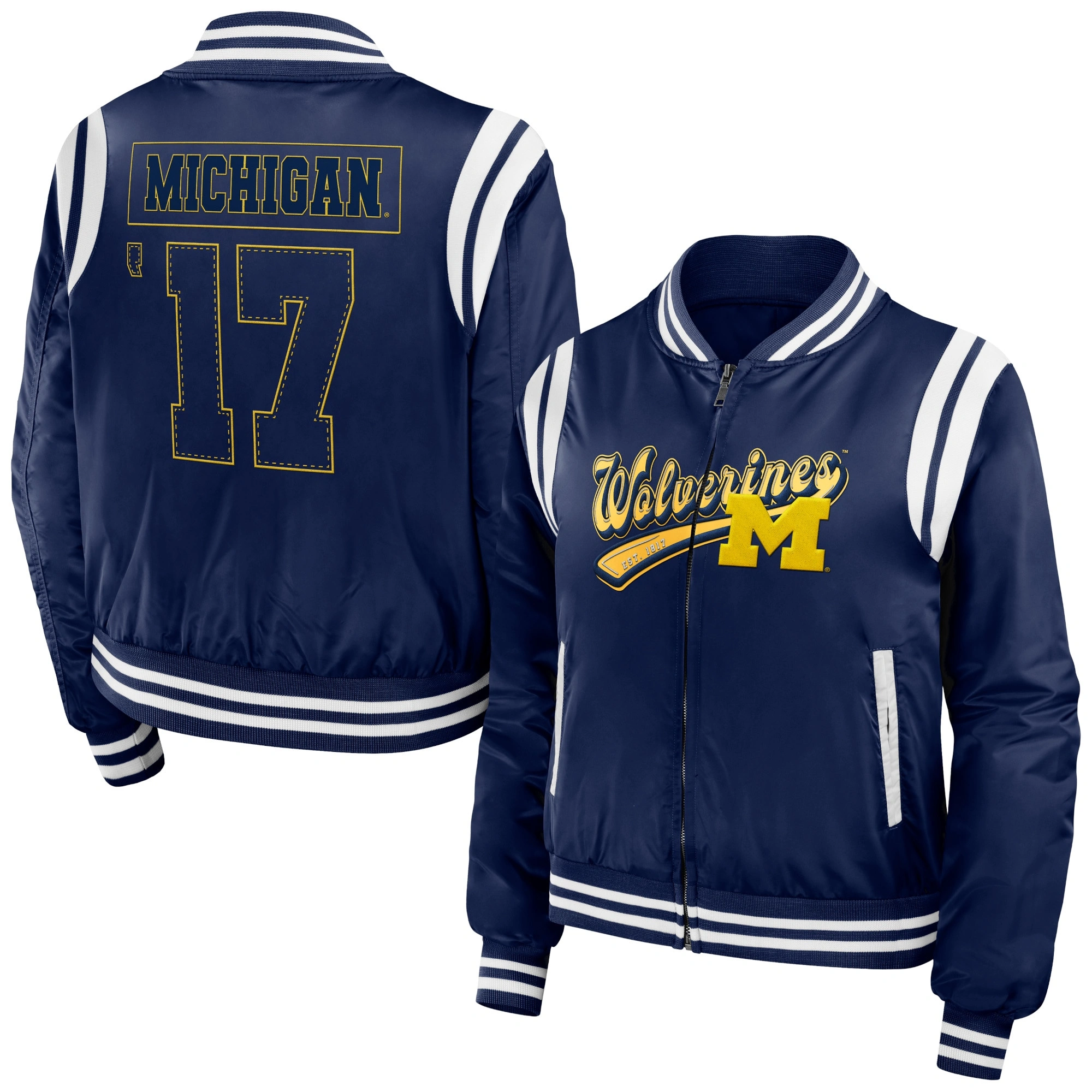Michigan Wolverines Women's Full-Zip Bomber Varsity Jacket - Navy - Image 3