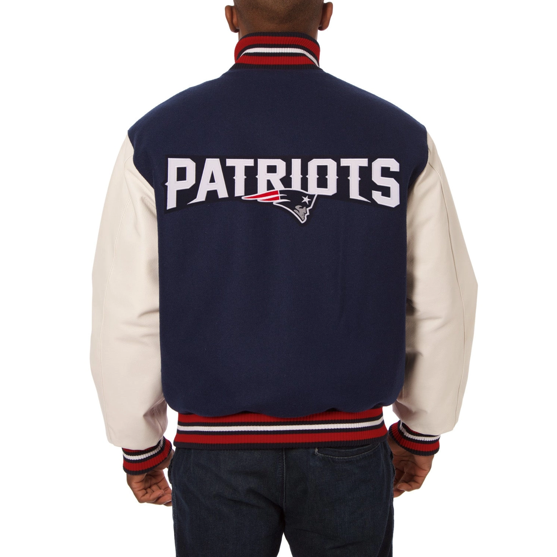 New England Patriots Two Tone Navy/White Wool & Leather Varsity Jacket - Image 2