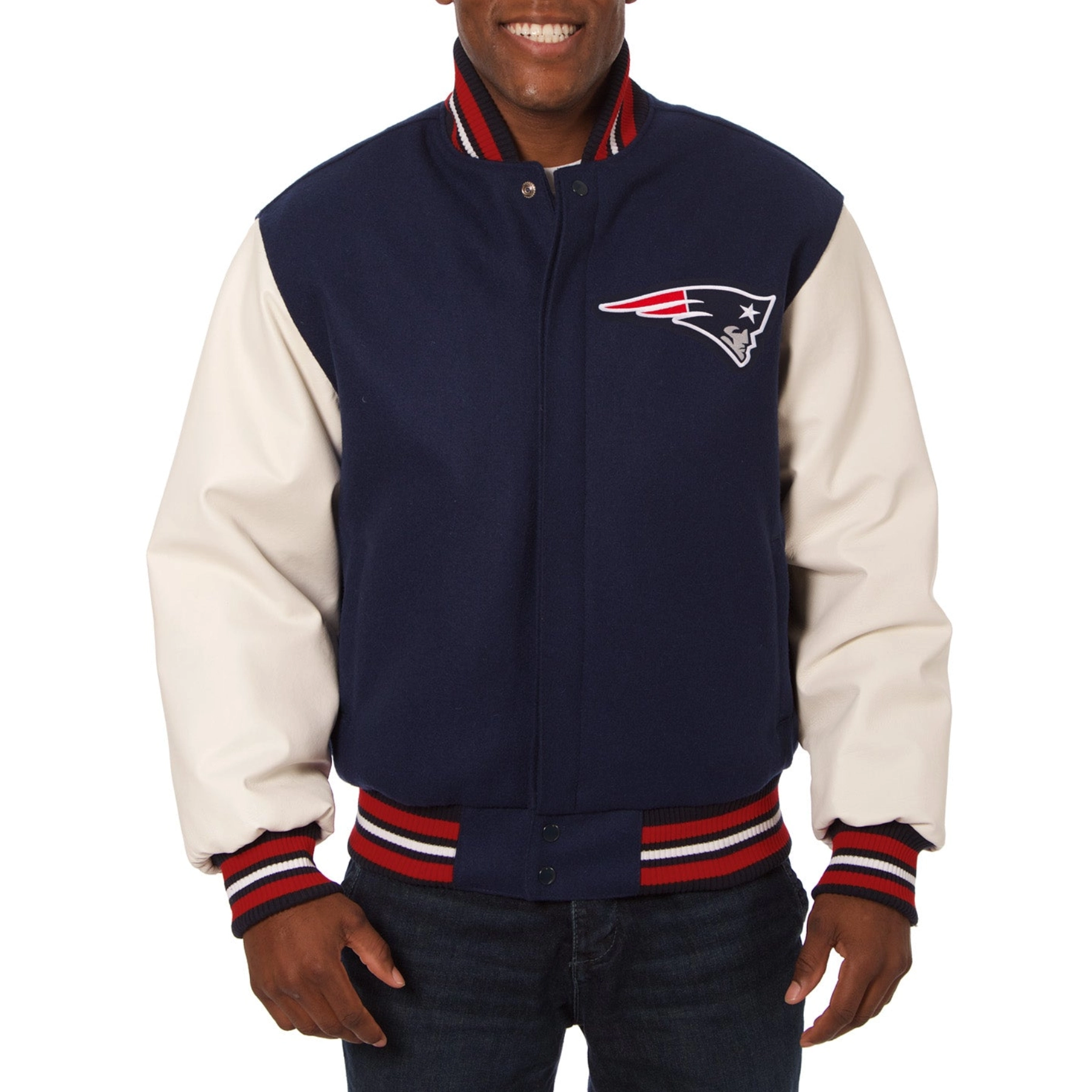 New England Patriots Two Tone Navy/White Wool & Leather Varsity Jacket